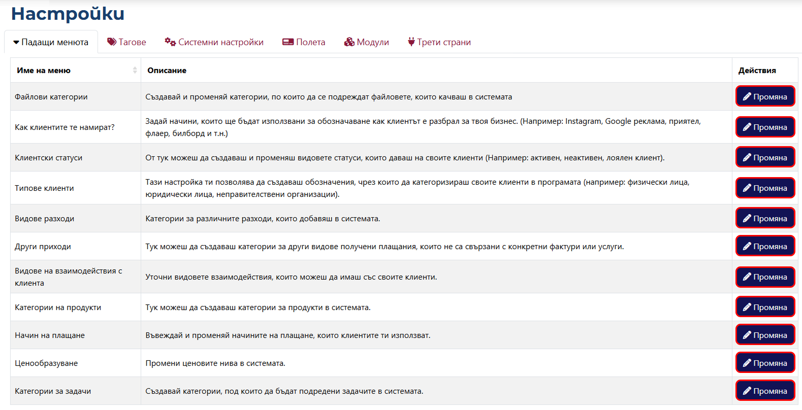 Бутони промяна на падащо меню